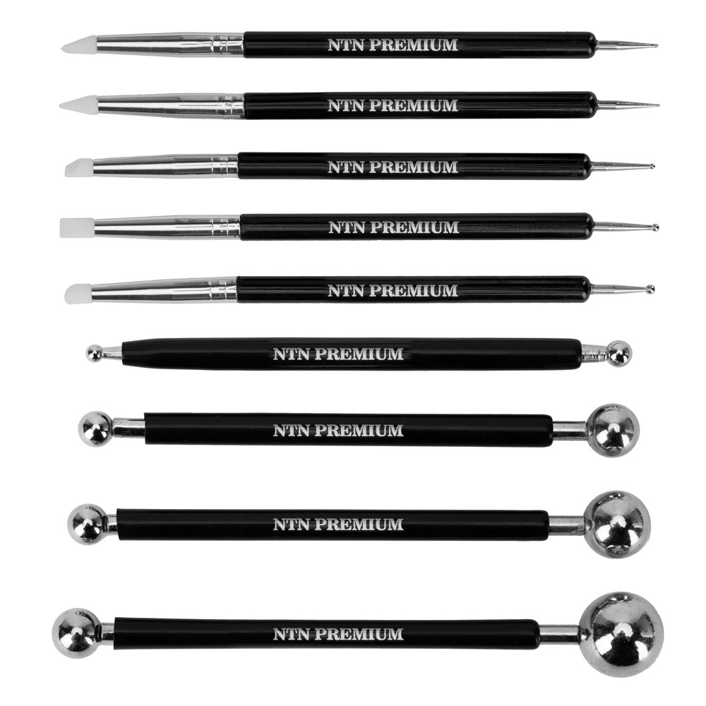 Set of probe + silicone applicator for rubbing in powder and decorating nails NTN Premium black 9 pcs
