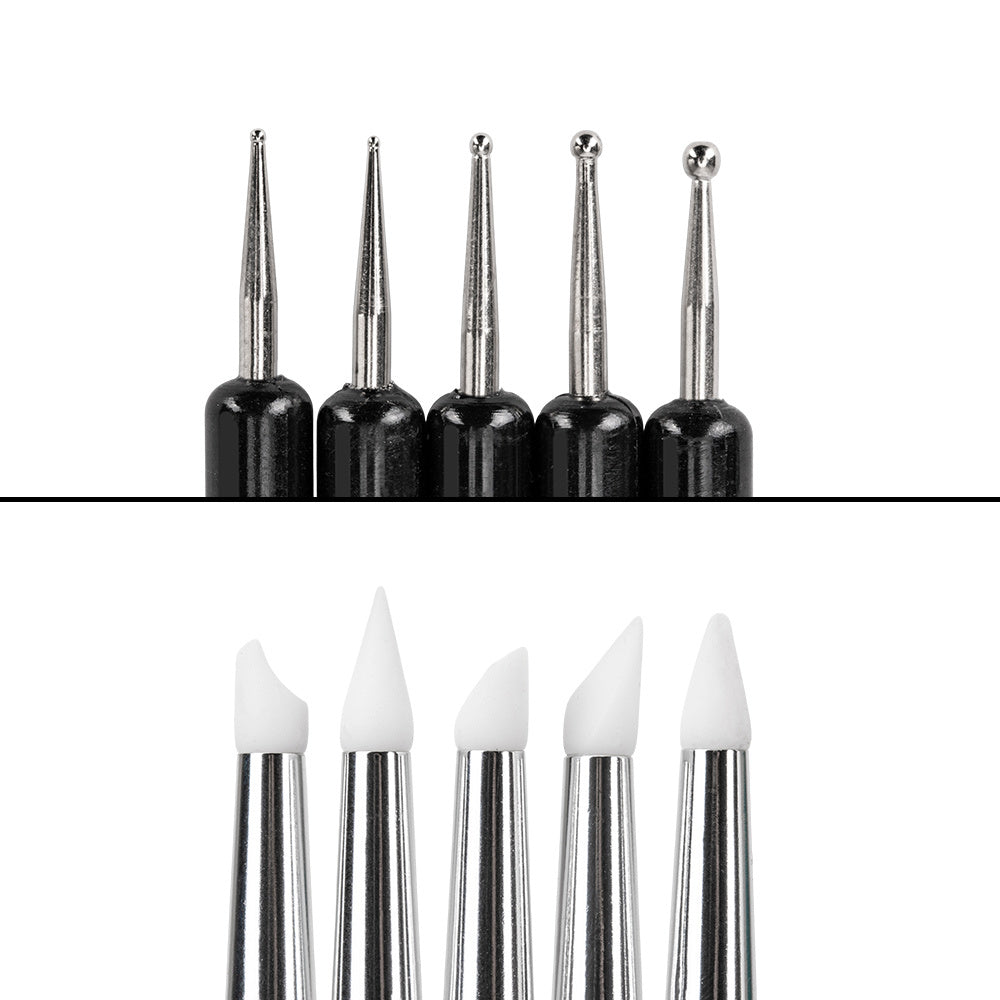 Set of probe + silicone applicator for rubbing in powder and decorating nails NTN Premium black 9 pcs
